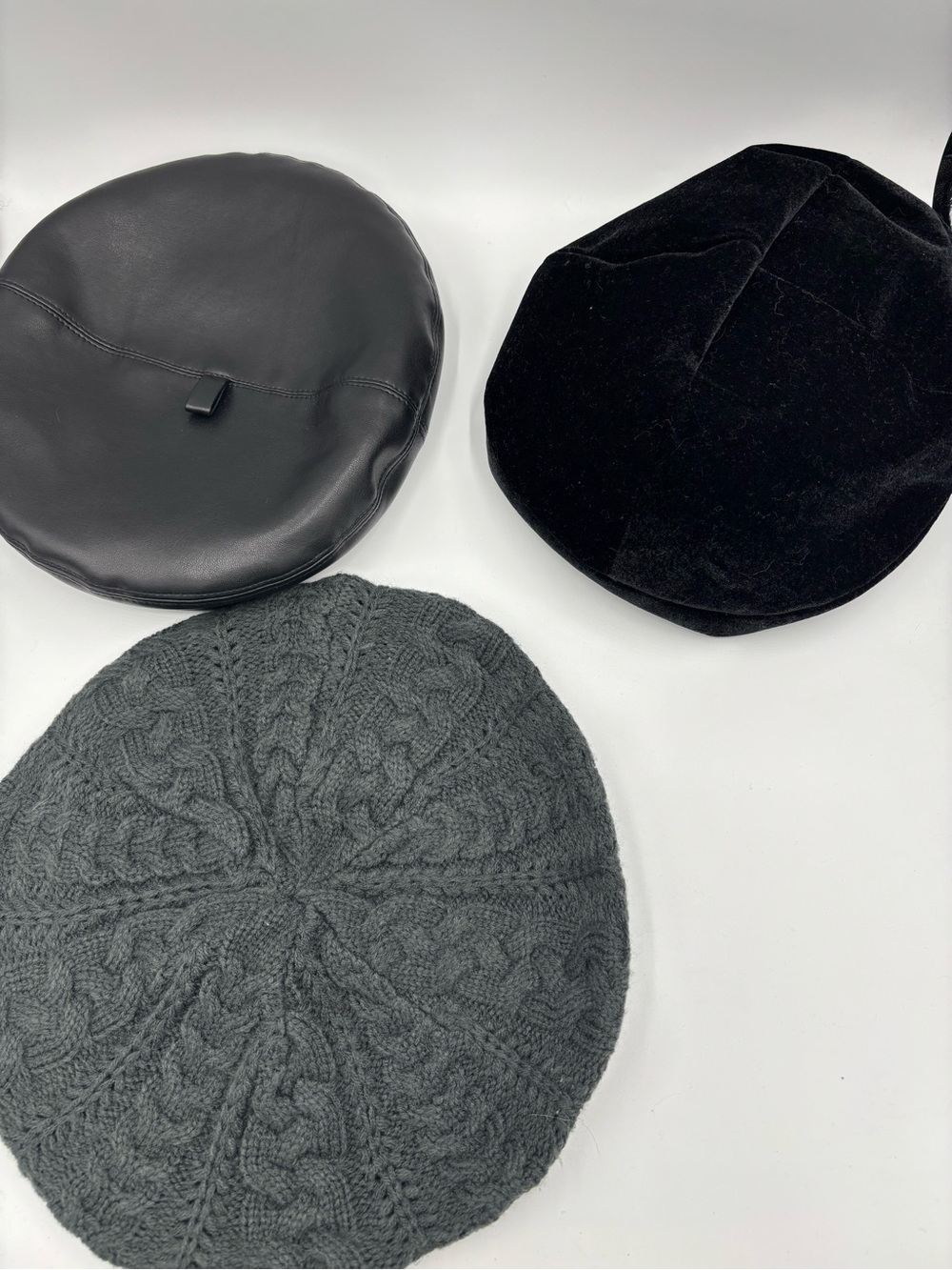 Beret Set: Black Faux Leather, Velvet  and Charcoal Knit